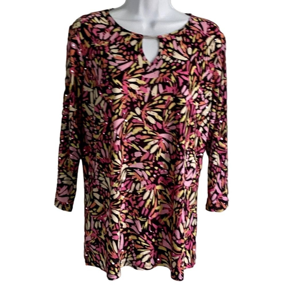 Emily Daniels Pullover Top with 3/4 Sleeves, Keyhole, Sparkle Women's Medium NEW
